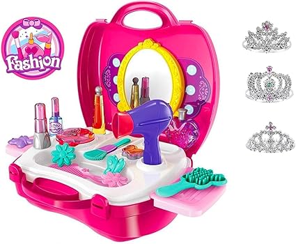 Amazon Com Pretend Play For Girls 21 Pieces Vanity Set W Mirror 3 Free Tiaras Beauty Hair Salon Kit Play Makeup Toys For 3 Years Old No Chemicals No Bpa Best Christmas And