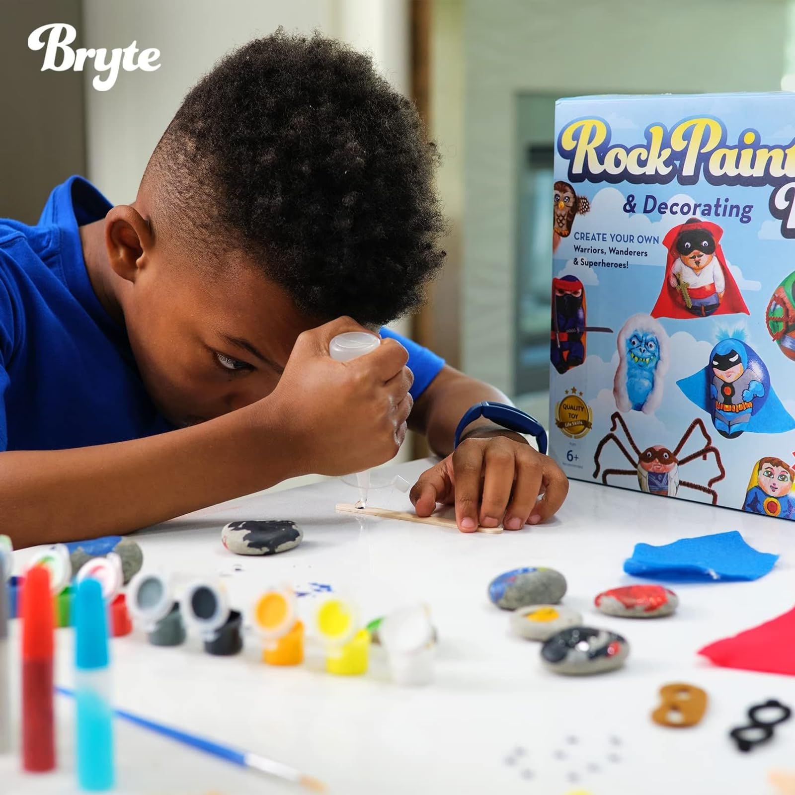 BRYTE 150+ Piece Deluxe Kids Rock Painting Kit, 10 Rocks with Waterproof Paints, Glue & Accessories, DIY Arts and Crafts STEM Activities for Age 6-12 Years, Warrior & Monster