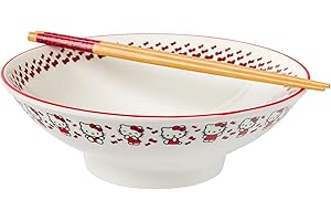 Silver Buffalo Hello Kitty Red Stripes and Bows Ceramic Ramen Noodle Rice Bowl with Chopsticks, Microwave Safe, 30 Ounces