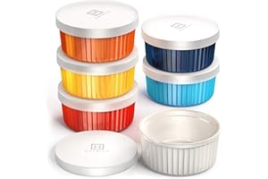 Hatrigo Porcelain Ramekins with Silicone Storage Lids, Set of 6 Assorted Colors, 10 oz Oven Safe to 450 deg F, Dishwasher Safe