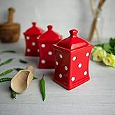 City to Cottage Red and White | Polka Dot | Handmade | Small 5.3oz/150ml Ceramic Kitchen | Herb Spice | Storage Jar Set of 3 | Containers | Canisters