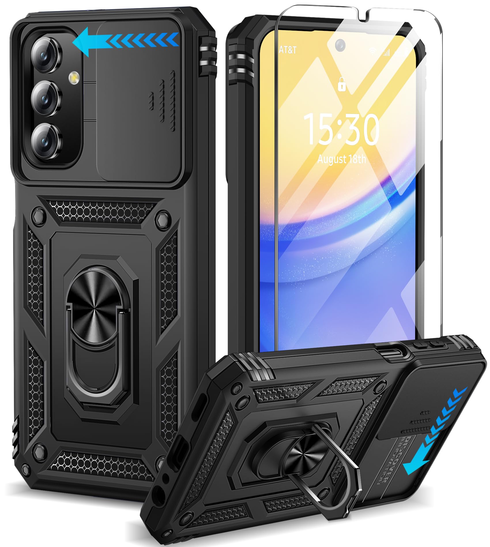 BaHaHoues for Samsung Galaxy A15 5G Case with Screen Protector & Slide Camera Lens Cover,Built-in 360°Rotate Magnetic Ring Stand Shockproof Protective Phone Case for Samsung A15 5G Case (Black)