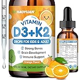 Vitamin D3 K2 Drops for Kids Liquid Supplement with Calcium, Omega 3, Zinc, Vitamin D3 K2 for Calcium Absorption Healthy Bones, Brain Development & Immune System, Non-GMO, Vegan, Orange Flavor 2 Fl Oz