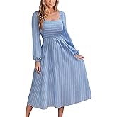 CUPSHE Women's Fall Dresses Long Sleeves Square Neck Striped Casual Outfits Smocked A Line Ruffled Flowy Midi Formal Dress