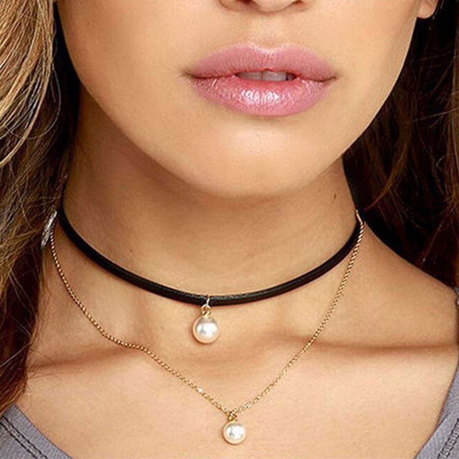 Yienate Fashion Layered Pearl Necklace Pearl Pendant Black Velvet Belt Choker Necklace Gold Chain Jewelry Accessories for Women and Girls
