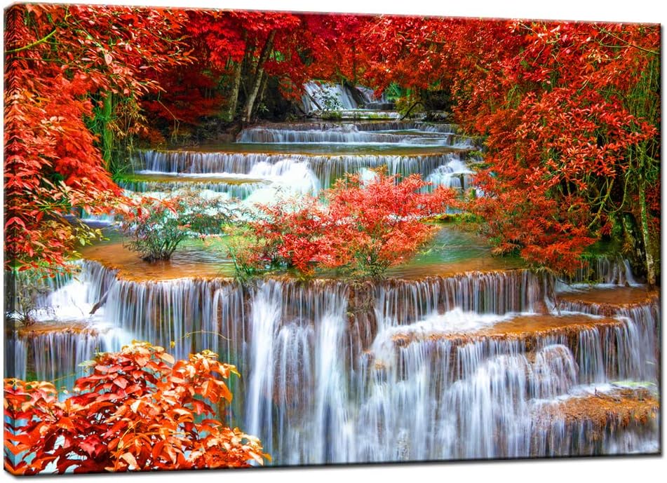 Nachic Wall Nature Pictures Wall Decor Autumn Waterfall Canvas Wall Art Red Fall Forest Landscape Painting for Bedroom Wall Decor Stretched and Framed Ready to Hang