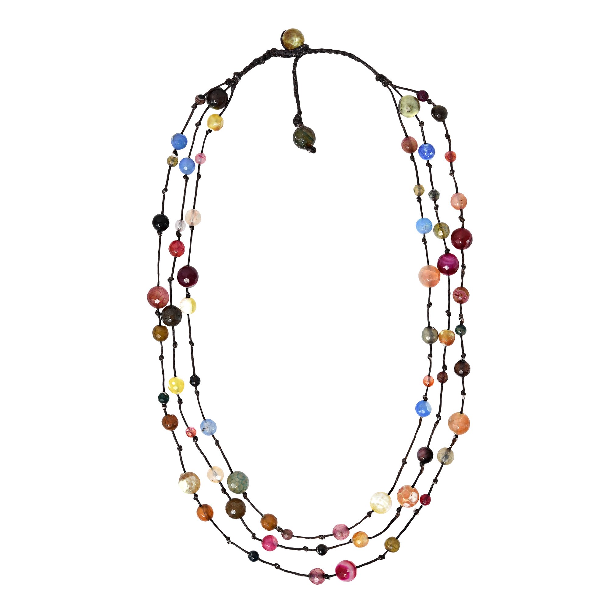 Vibrant Rainbow Colored Layers Multi-Colored Mixed Stones on Cotton Rope Festive Statement Necklace