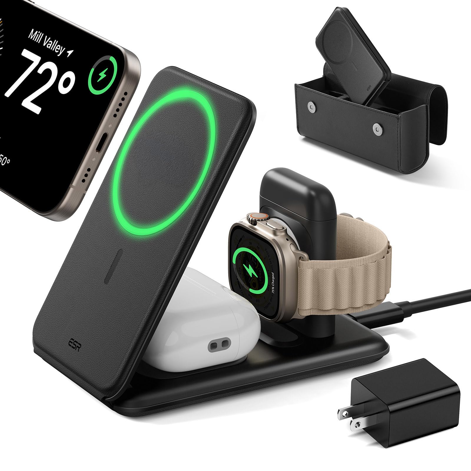 ESR 3 in 1 Charging Station for Apple, 15W MagSafe Charger Stand, MagSafe Travel Charger for iPhone 17/16/15/14/13/12 Series, Watch, AirPods, Black (Bag Included)