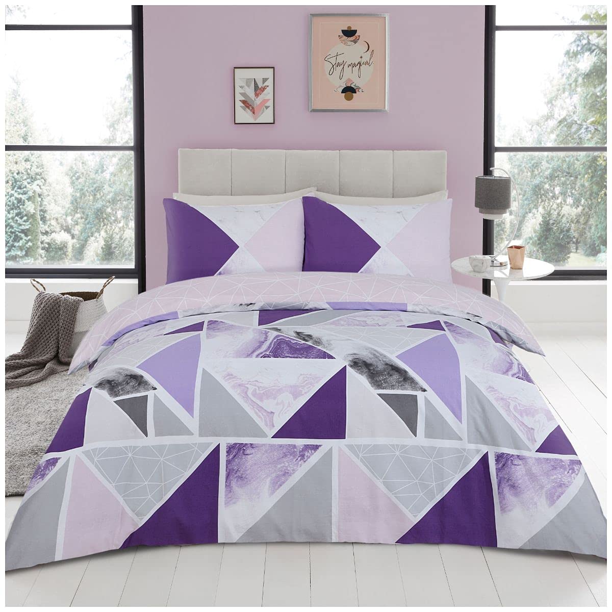 GC GAVENO CAVAILIA Easy Care Printed Bedding Sets King Size, Poly Cotton Duvet Cover, Reversible Bed Covers, Purple/Grey, 686750