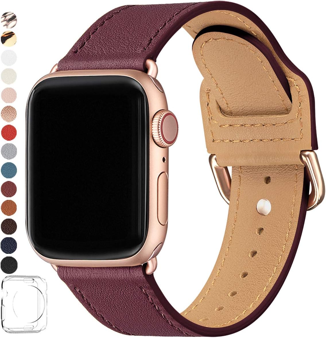 POWER PRIMACY Bands Compatible with Apple Watch Band 38mm 40mm 42mm 44mm, Top Grain Leather Smart Watch Strap Compatible for Men Women iWatch Series 5 4 3 2 1(Wine red/Rosegold,38mm/40mm)