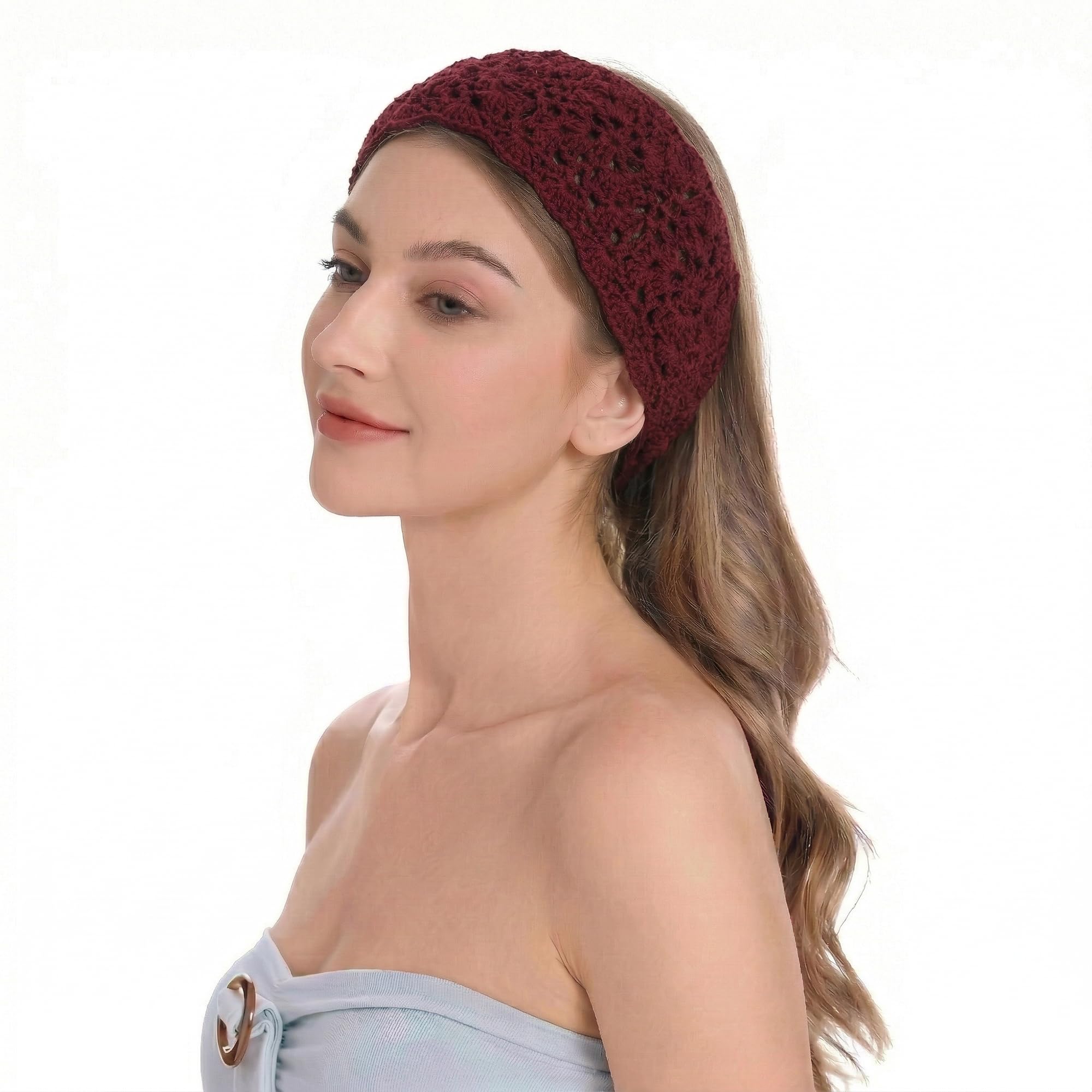 ZLYC Women Floral Headband Handmade Crochet Knit Vintage Hair Bands (Plain Burgundy)