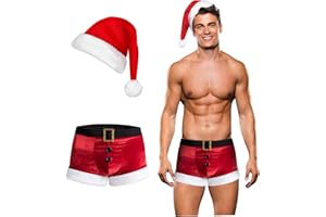 RSLOVE Men's Christmas Lingerie Set Sexy Santa Outfits 2PCS Red Boxers Holiday Briefs Underwear With Hat