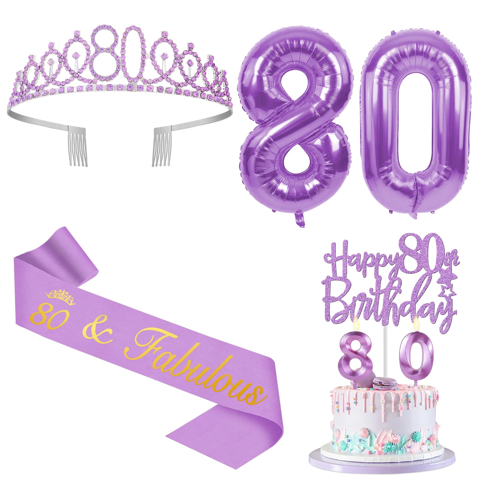 Photo 1 of 80th Birthday Decorations for Women Purple with 80th Birthday Sash and Crown, Cake Topper and Candles, Number Balloons, 80 Year Old Gifts for Women