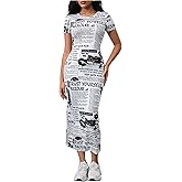WDIRARA Women's Newspaper Print Short Sleeve Maxi Dress Summer Casual Bodycon Dresses