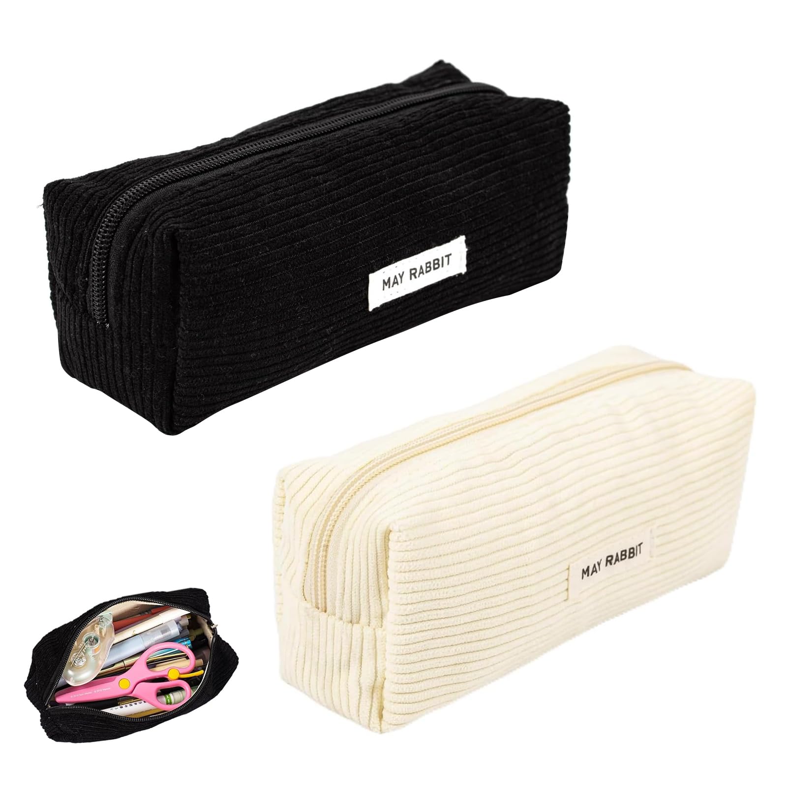 KUIZHEN 2PCS Pencil Cases, Corduroy Pencil Case, Aesthetic Pencil Case for Women, Pencilcase Cute in White and Black for Back-to-School, Exam & Daily Study and Office Supplies Storage