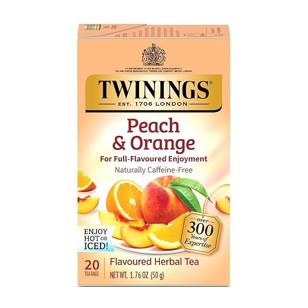 TWININGS PEACH & ORANGE HERBAL TEA INDIVIDUALLY WRAPPED BAGS, 20 COUNT (PACK OF 1), JUICY & FRUITY, NATURALLY CAFFEINE-FREE, ENJOY HOT OR ICED