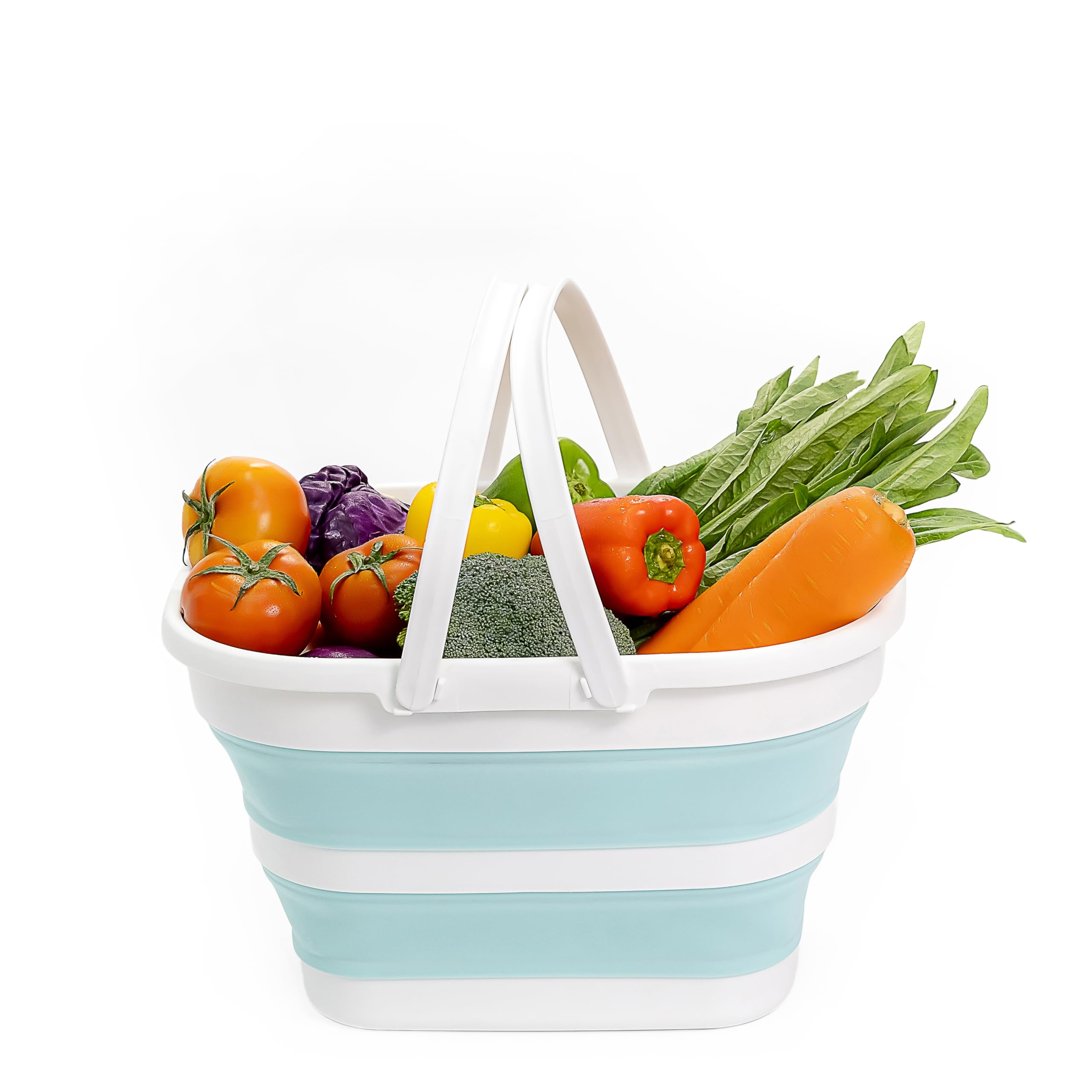 SAMMART - 17L Collapsible Basket with Handle - Portable Outdoor Picnic Basket/Crater - Foldable Shopping Bag - Space Saving Storage Container (White/Lake Green, 1)