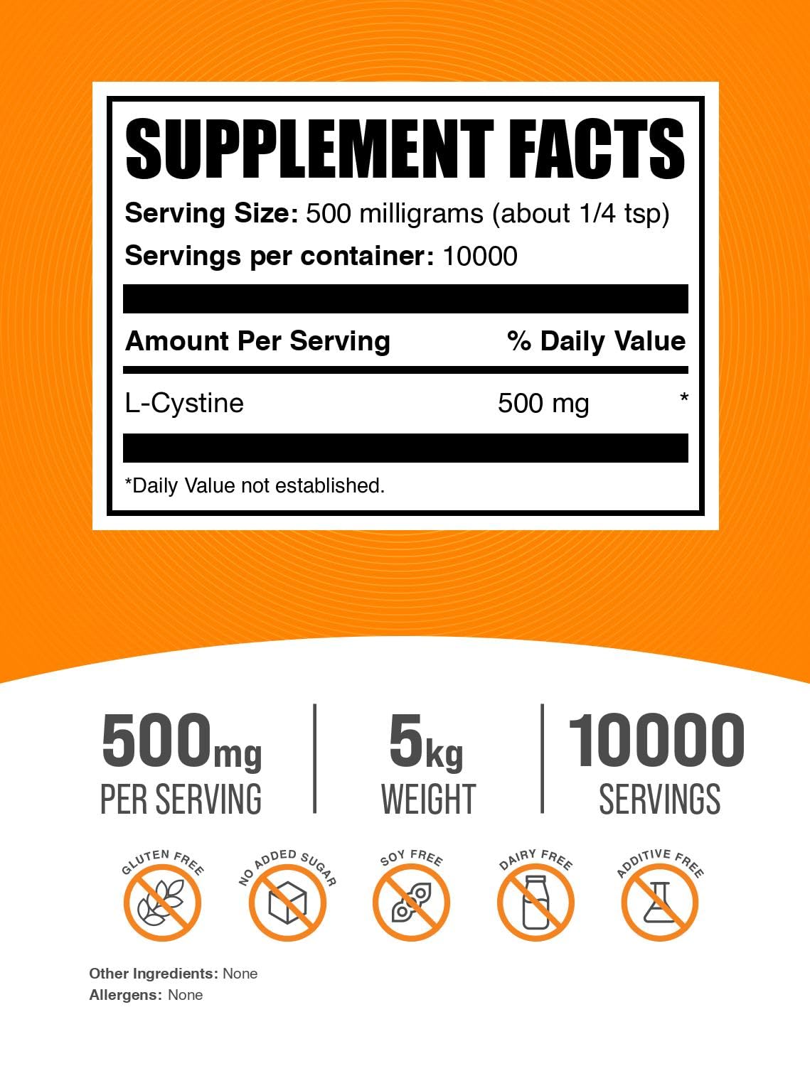 BulkSupplements.com L-Cystine Powder - L-Cystine 500mg, L-Cystine Supplement, Amino Acid Supplement - for Immune Support, Gluten Free, 500mg per Serving, 5kg (11 lbs) (Pack of 5)