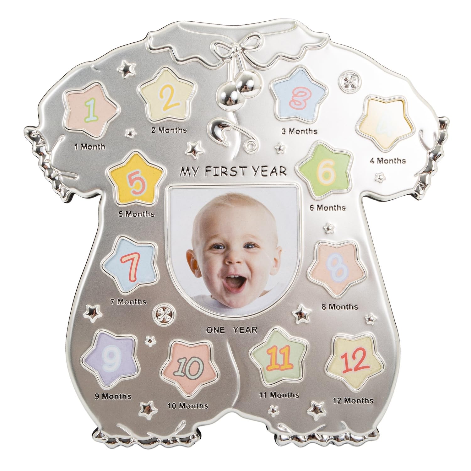 Happy Homewares Beautiful Baby Sleep Suit Shaped My First Year Satin and Shiny Silver Plated Multi Picture Frame