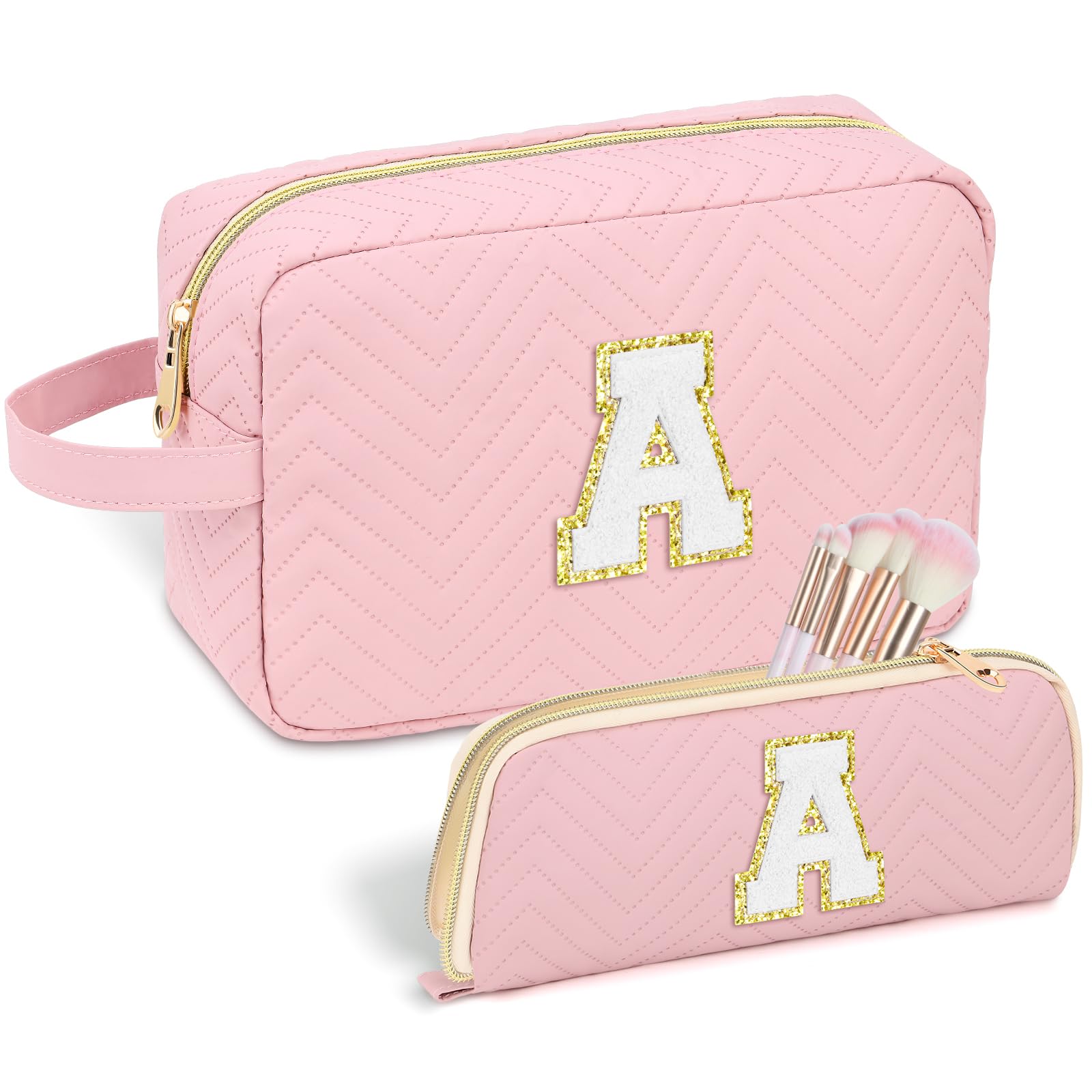 Photo 1 of Personalized Initial Cute Makeup Bag Pink Cosmetic Bag Travel Toiletry Bag, Trendy Stuff Leather Waterproof Makeup Organizer Case Birthday/Graduation Gifts for Women Girls Mom Girlfriend Wife Pink A