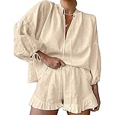 XBTCLXEBCO Linen Shorts Outfits Women 2 Piece Set Tie Front Long Sleeve Shirt and Ruffle Shorts Lounge Matching Set Tracksuit