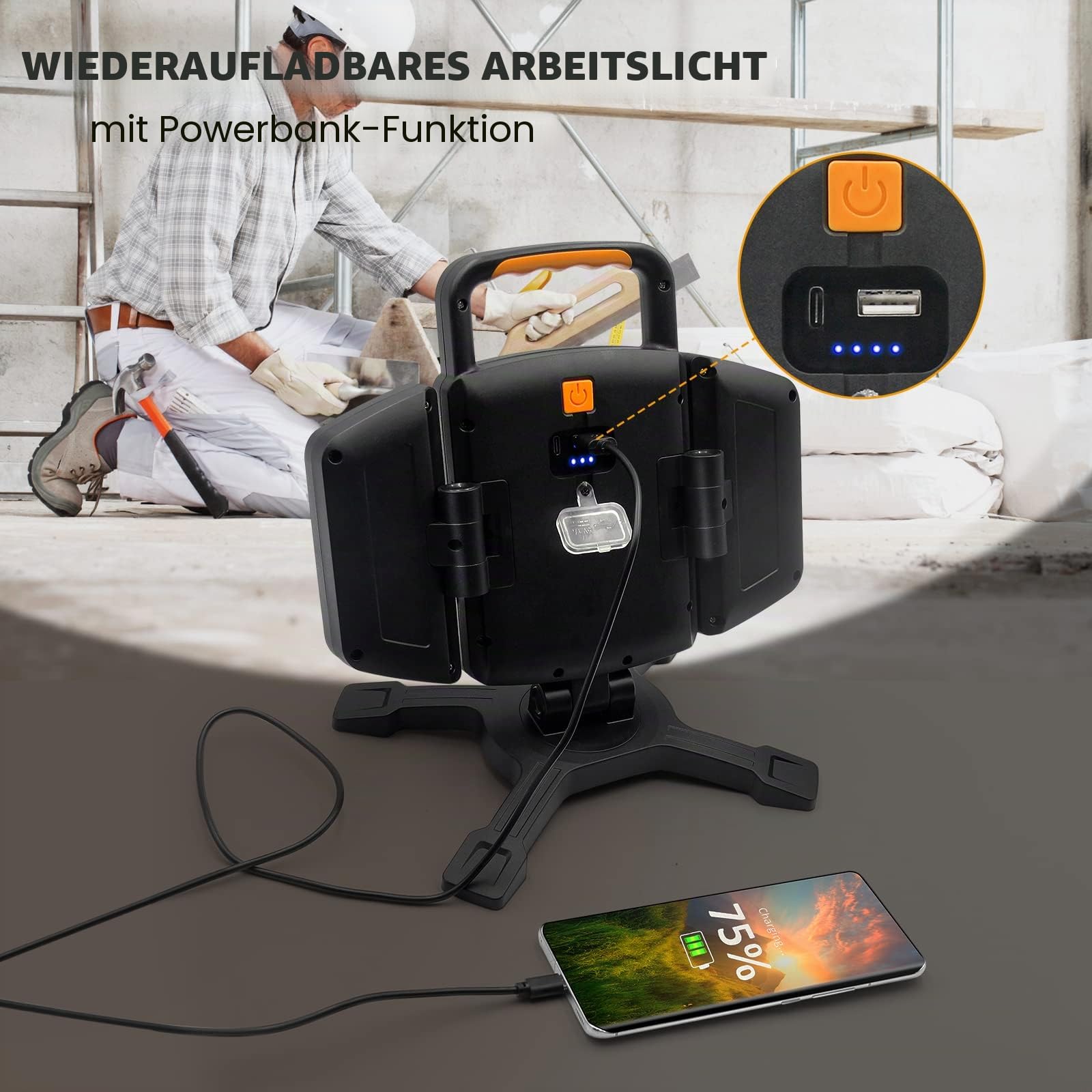 SYLSTAR LED Strahler Akku 30W, 3000LM Super Hell Baustrahler mit Magnet, 5 Lichtmodi und Powerbank, Drehbare Tragbare Wasserdichte Wiederaufladbare Arbeitsleuchte für Garage, Werkstatt 4