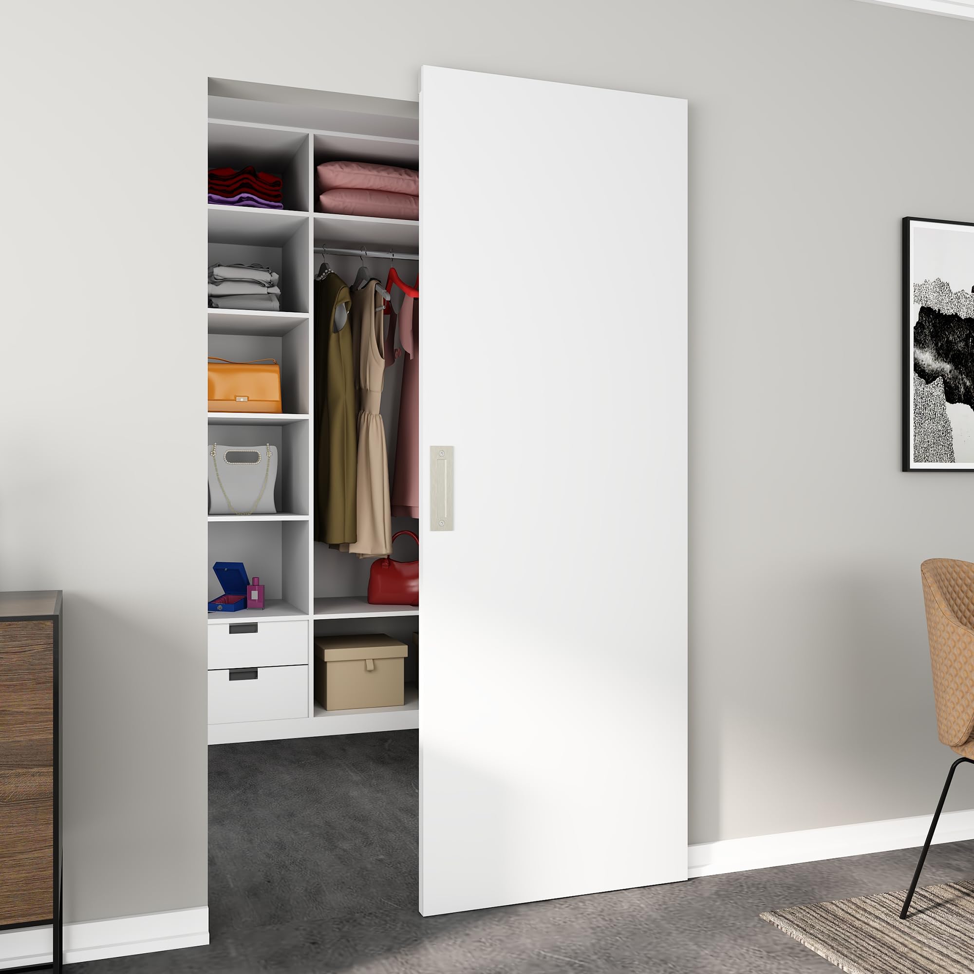 Photo 1 of ***DAMAGED ON ONE SIDE OF DOOR***JUBEST 30"x84" Flush Solid Core White Primed Concealed Sliding Hidden Barn Door with Soft Close Installation Hardware and Double Sided Pulls Included***DAMAGED ON ONE SIDE OF DOOR***