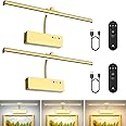 Picture Light with Remote, 15.35inch Wireless Rechargeable Battery Wall Light for Paintings, 3 Colors Paintings Light Dimmable and Timer Metal Art Light for Display, Wall, Artwork, Gallery (Gold) 2PCS