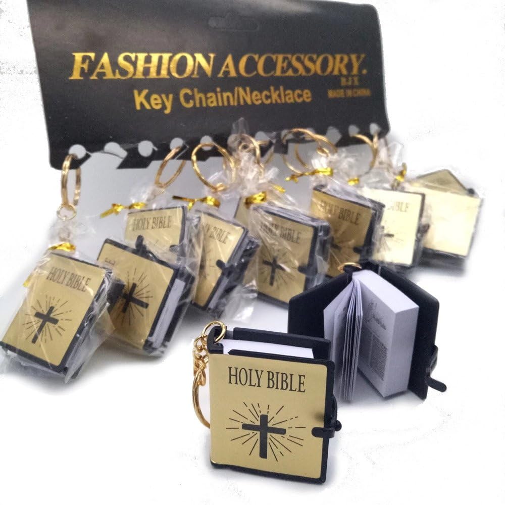 12PCS X Lot Mini Gold HOLY Bible Keychain Religious Key Ring - English Language