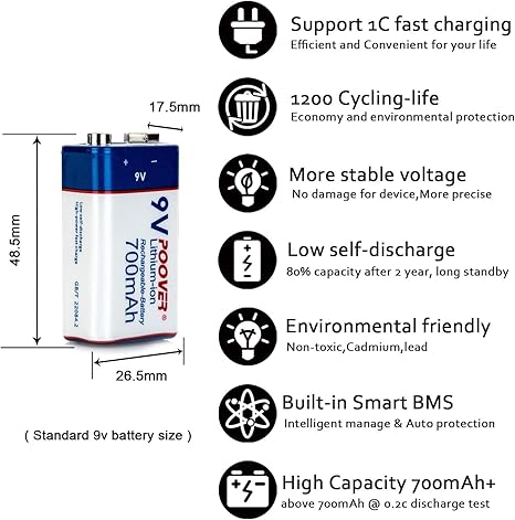 Poover 4 Pack 9v Batteries Rechargeable 700mah Li Ion With 9v Battery Connectors For Guitar Multi Meter