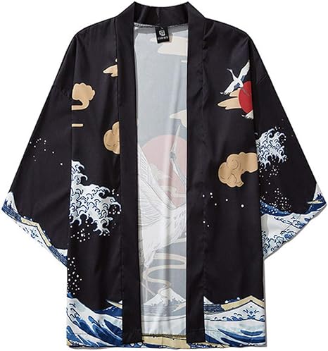 Amazon Co Jp メンズカーディガン 男性着物カーディガン コート愛好家ファッションレトロなローブルーズナショナルプリントコートジャケット Black L ホーム キッチン