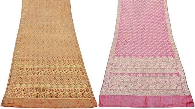 Amazon Peegli ヴィンテージ女性サリーインディアンコンボパック2個の縫製布 伝統的な100 純粋なシルクdiyクラフト生地ブラウンとピンクのサリー 布 生地 通販
