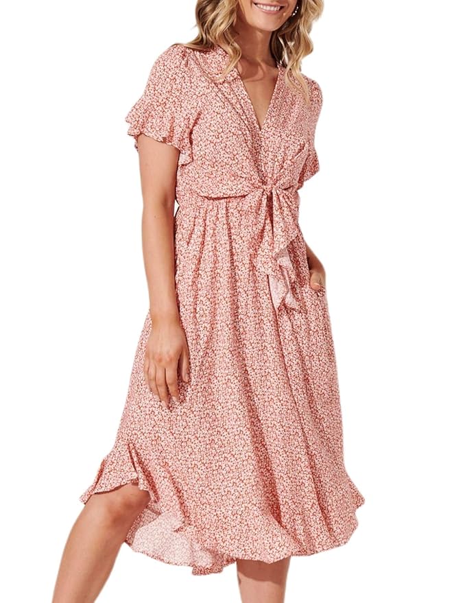 Buy Lovinchic Women's Floral V Neck Short Sleeve Flowy Dress Casual