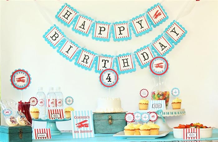Amazon Com Turquoise And Red Vintage Airplane Happy Birthday Banner