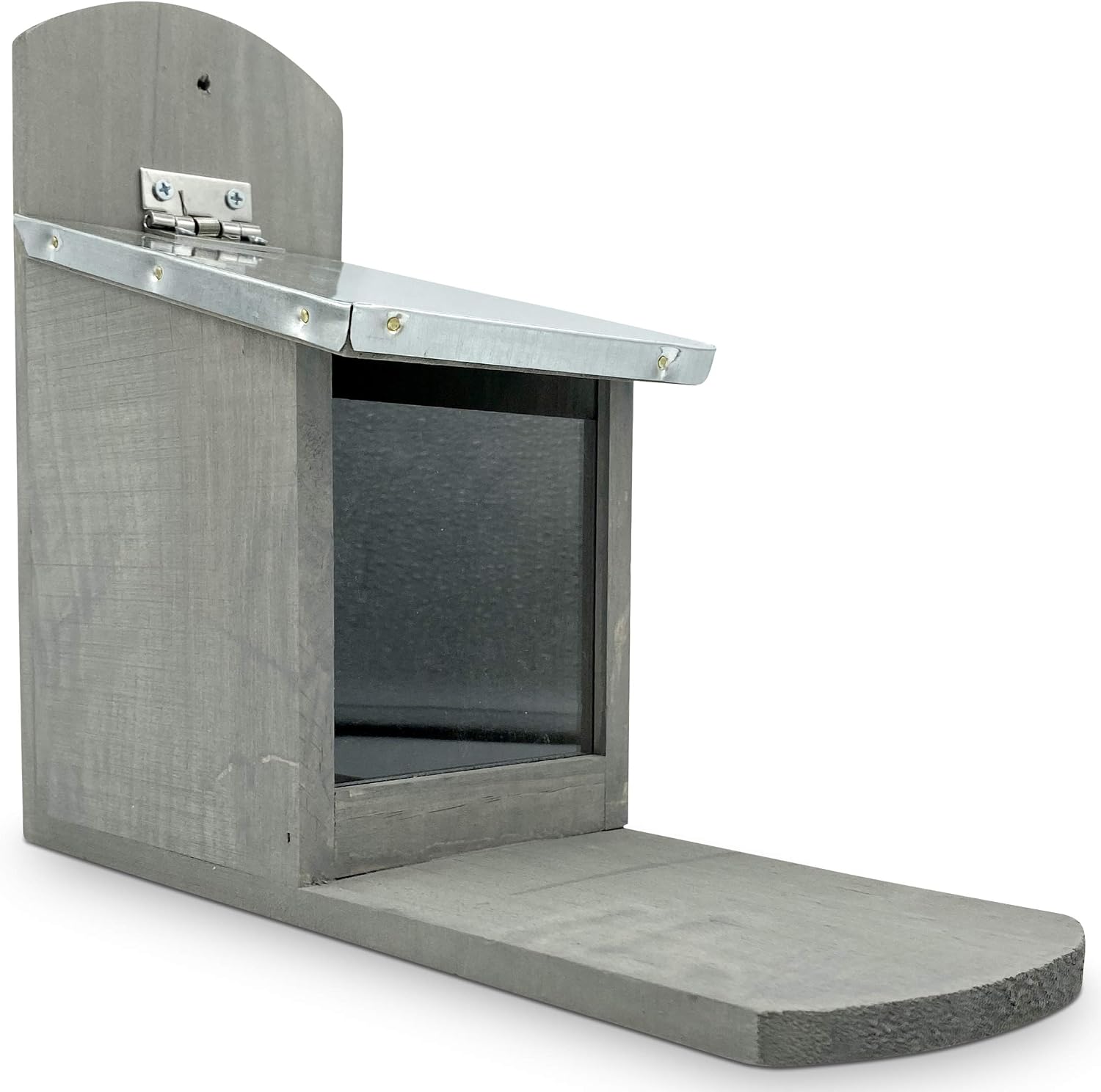 Squirrel Feeder with Metal Roof, Natural Wood in Grey with Extra Long Feeding Platform