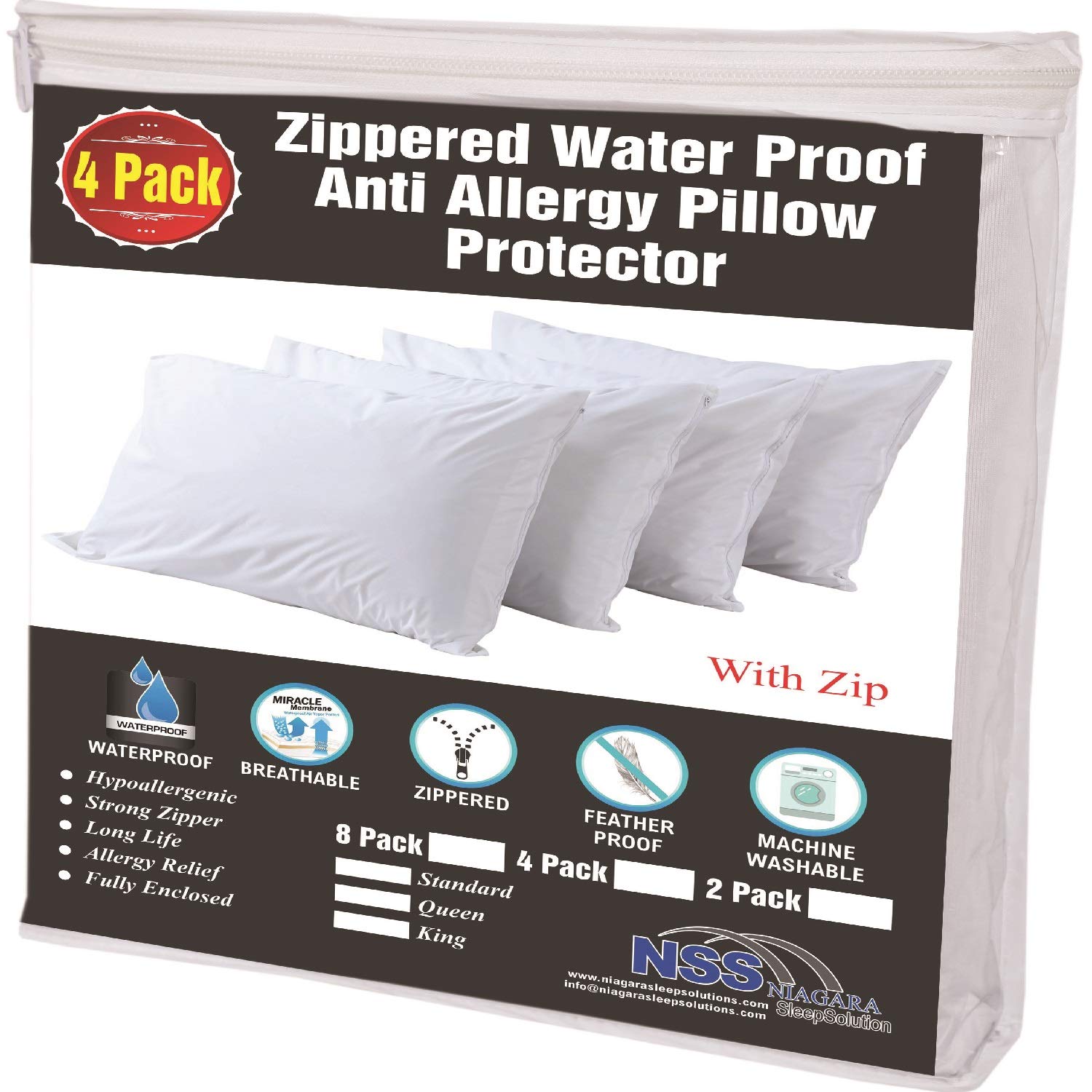 4 Pack Allergy Control Waterproof Pillow Protectors Standard 20 x 26