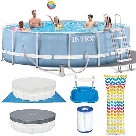 Intex 457 x 122 cm Prism Frame Swimming Pool Schwimmbecken 26736 Komplett-Set mit Pumpe, Unterlegeplane, Abdeckplane und Leit