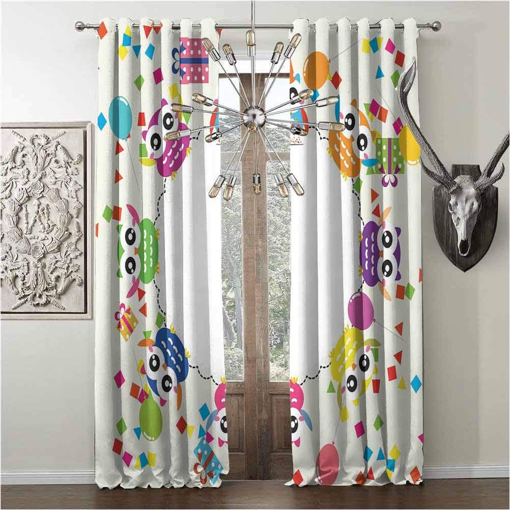 hengshu Black-Out Shades cortinas, Kids Party, Wear-Resistant Color Curtain, Circular Design Colorful Funny Owl Figures with Confetti Present Boxes Balloons, Panel Pair, Multicolor, W108 x L108 Inch,