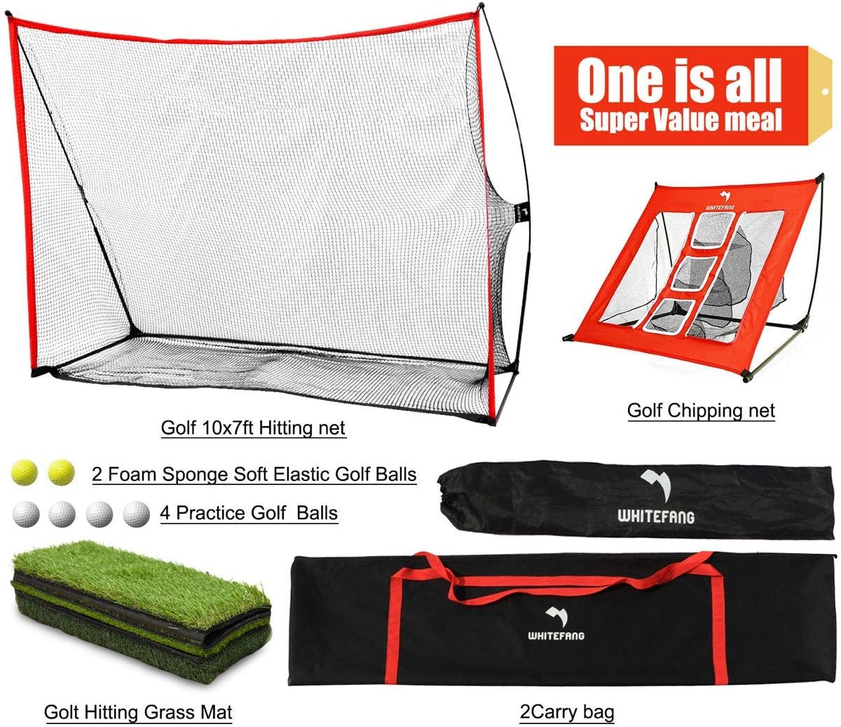 WhiteFang Golf Net,4 in 1 Golf Practice Set 10x7ft/3 in 1 Golf Netting Bundle/Just Golf Chipping Net/Just Golf Hitting Grass Mat|Golf Balls with Carry Bag for Backyard Driving/Indoor/Outdoor