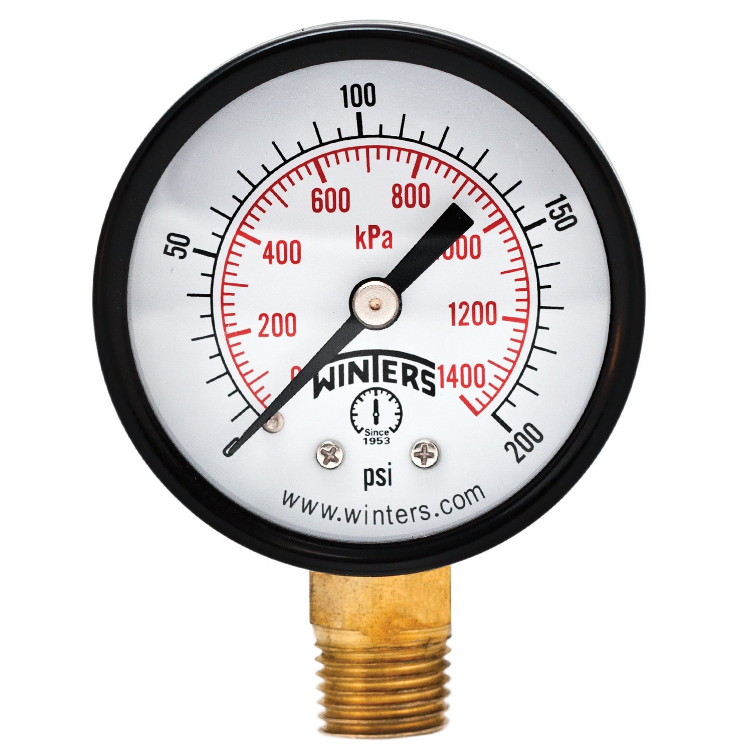 Winters PEM Series Steel Dual Scale Economical All Purpose Pressure Gauge with Brass Internals, 0-200 psi/kpa, 2" Dial Display, +/-3-2-3% Accuracy, 1/4" NPT Bottom Mount