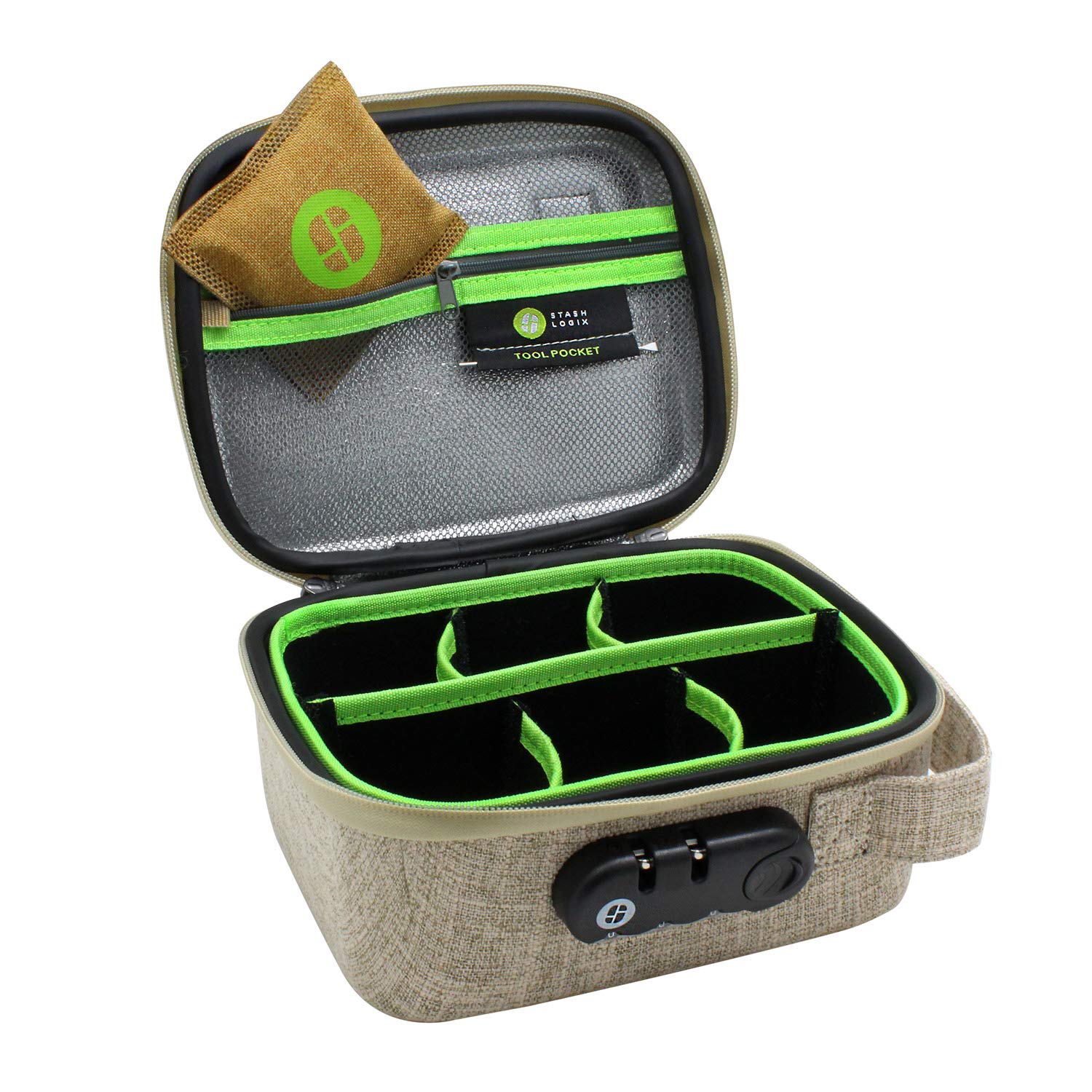 STASHLOGIX Silverton Locking Stash Bag with Odor Control (Medium, Tan