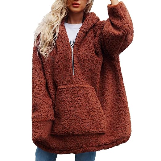 Damen Pullover Hoodie Herbst Winter Sweatjacke Weiche Fleece Mantel Teddy Kapuzen Sweatshirt Kuschelig Jacke Pulli Fleecepull