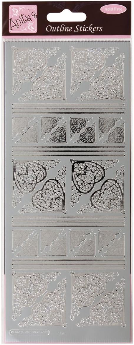 Anitas Outline Stickers, Celtic Heart Corners, Silver, for Scrapbooking Card Making, Kids Play, Homework, Art, Craft