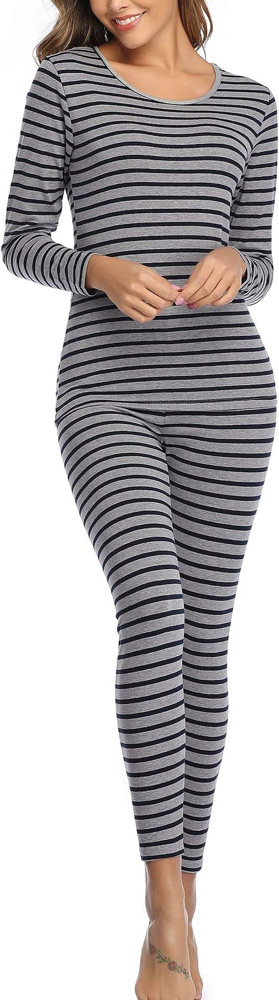 Fleece Lined Stripe Thermal Underwear Set Long Johns Base Layer Base Layer Skiing Winter Warm Top & Bottom