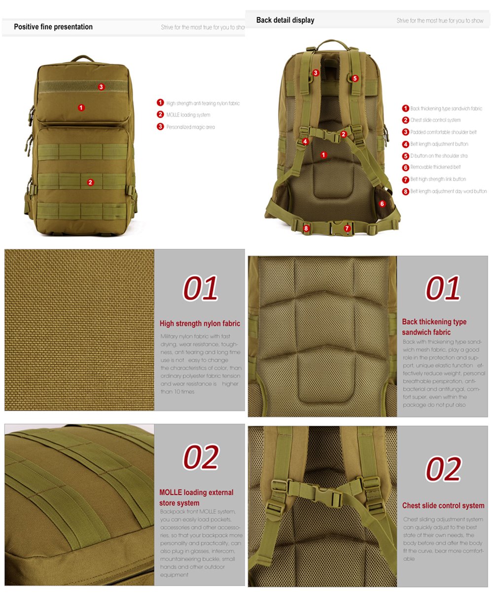 Amazon.com : FlyHawk 55 L Tactical Backpacks Large 3 Days Back Waterproof  M0LLE Military Rucksack for Outdoor Hiking Camping Trekking Hunting Black  (Black) ...