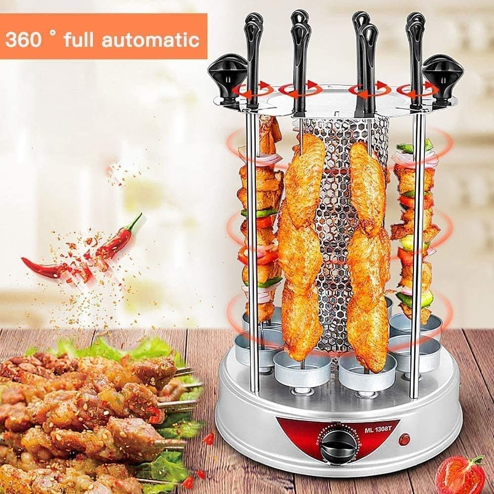 review NOLOGO 1350W Vertical Electric Grill, 360 ° Automatic Rotation Barbecue Smokeless Skewer, Built-in Oil Pan, Easy to Clean Suitable for Outdoor Travel, Family Gathering