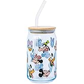 Silver Buffalo Mickey and Friends Pattern Glass Tumbler with Bamboo Lid and Glass Straw Featuring Minnie Mouse, Pluto, Goofy, Daisy Duck, Donald Duck, and Mickey Mouse, 16 Ounces