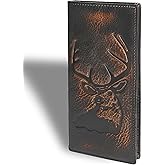 DK86 Deer Long Wallet For Men Full Grain Leather with Hand Burnished Rfid Blocking Rodeo Wallet Bifold Wallet Deer Wallet, Black and Orange