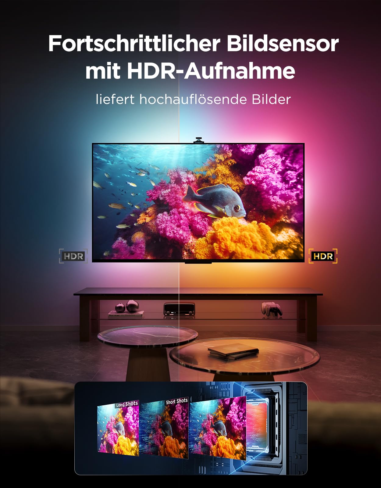 Govee TV Hintergrundbeleuchtung 3 Pro mit HDR-Dreifachkamera, 3,6M 5 in 1 RGBWWIC TV LED Streifen für 55–65 Zoll TVs, 75 LEDs/M, Unterstützt AI-Filter, Sprach- & APP-Steuerung DreamView Sync 3