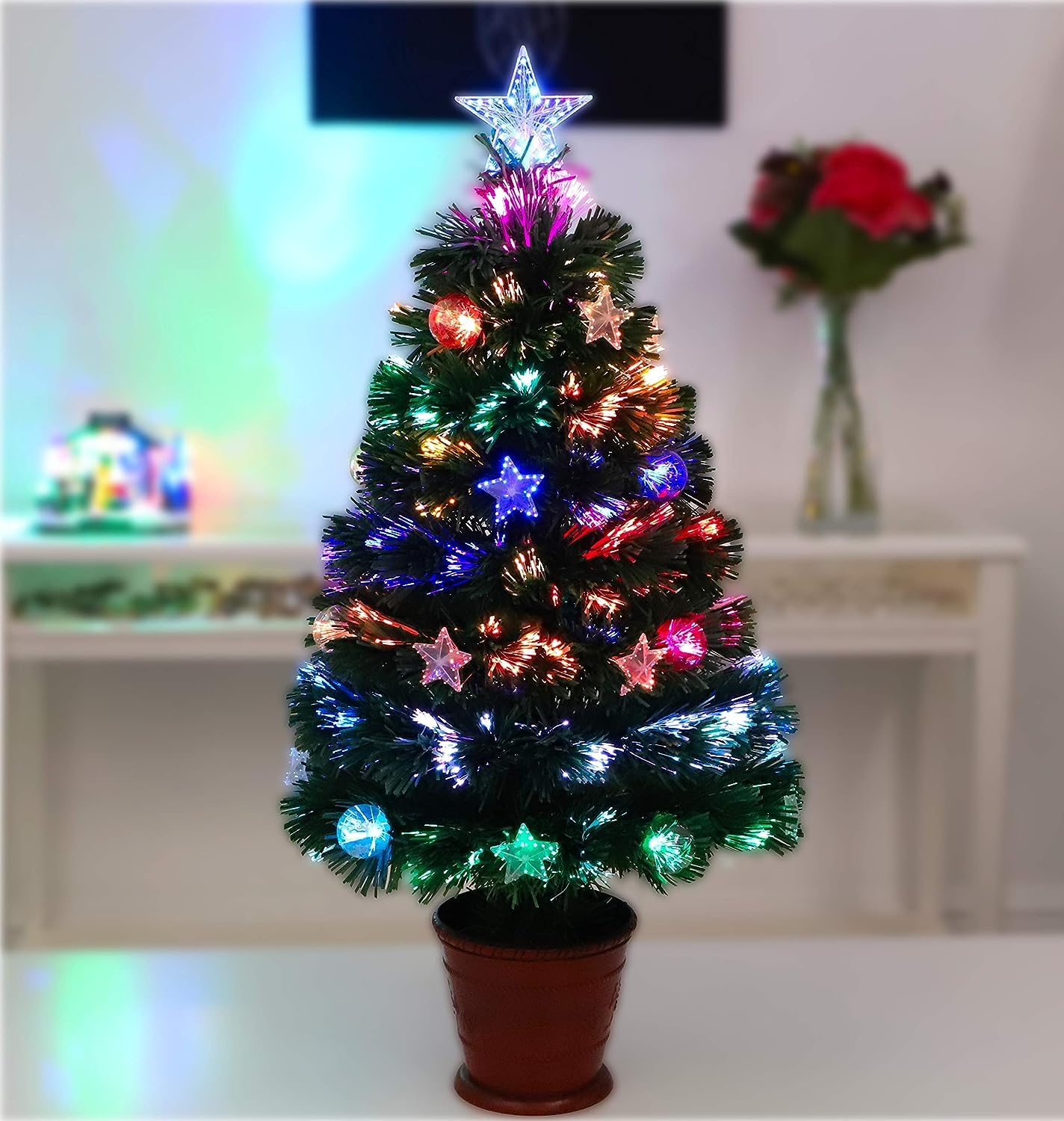 Christmas Concepts® 3ft (32") Fibre Optic Christmas Trees (Stars, Baubles & Red Base)